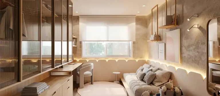 Dormitório planejado com closet integrado atrás da cama