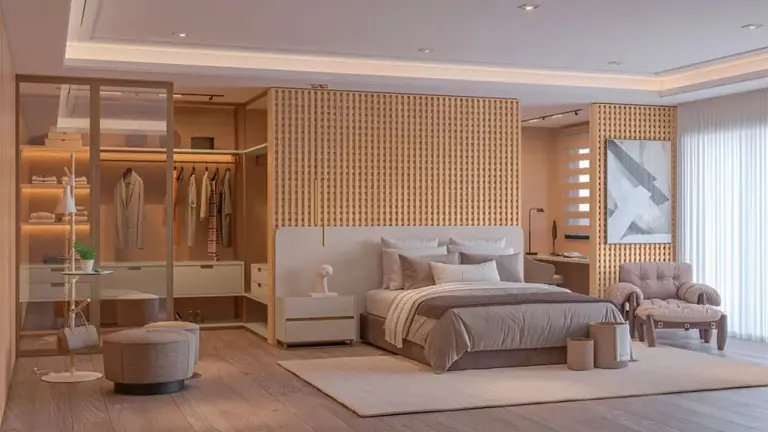 Dormitório planejado com closet e banheiro integrados por trás da cama