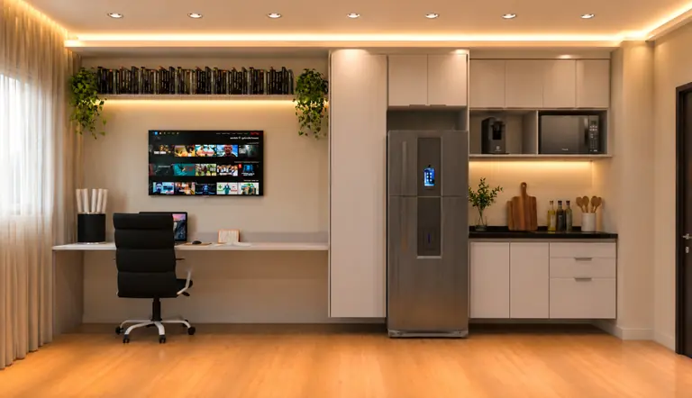 Home office planejado integrado à cozinha em studio compacto