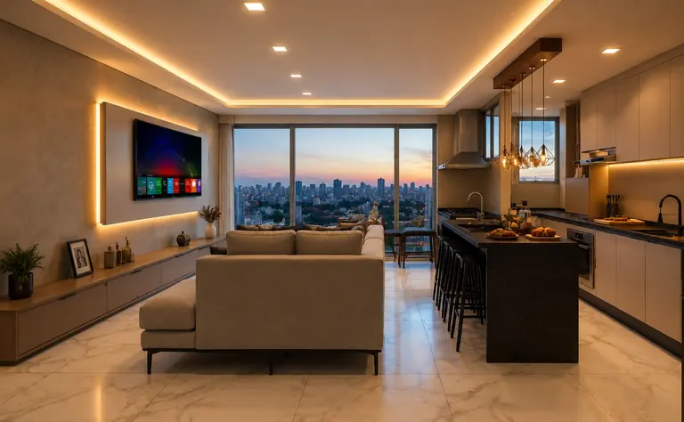 Sala e cozinha planejadas integradas com vista para a cidade