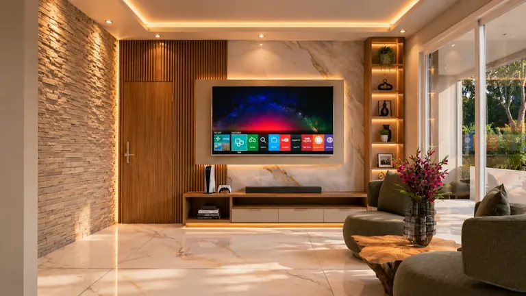 Sala de estar planejada com painel ripado e revestimento de pedra